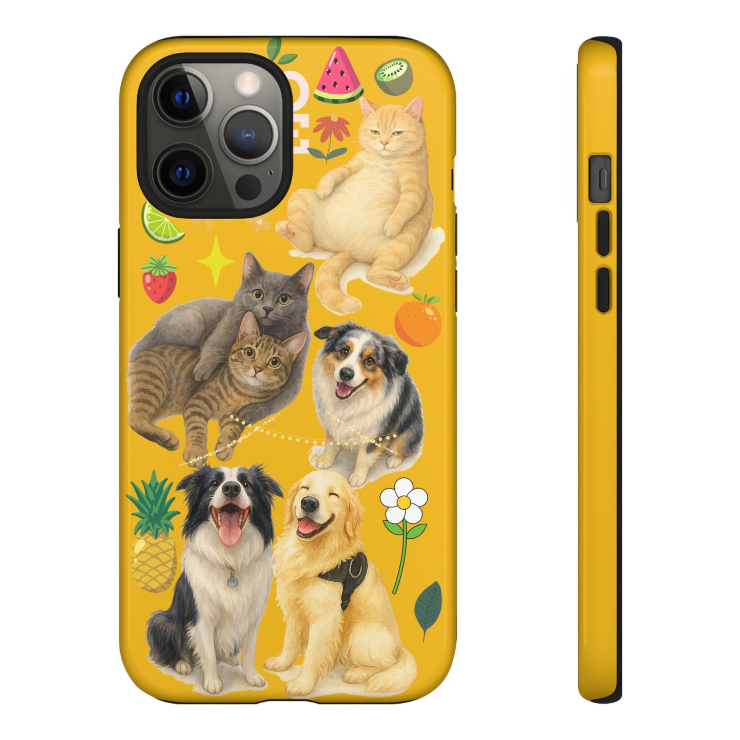 60A-5 Dog and Cat Printed Dual-Layer Phone Case In Yellow – Glossy or Matte Finish – iPhone & Android Compatible