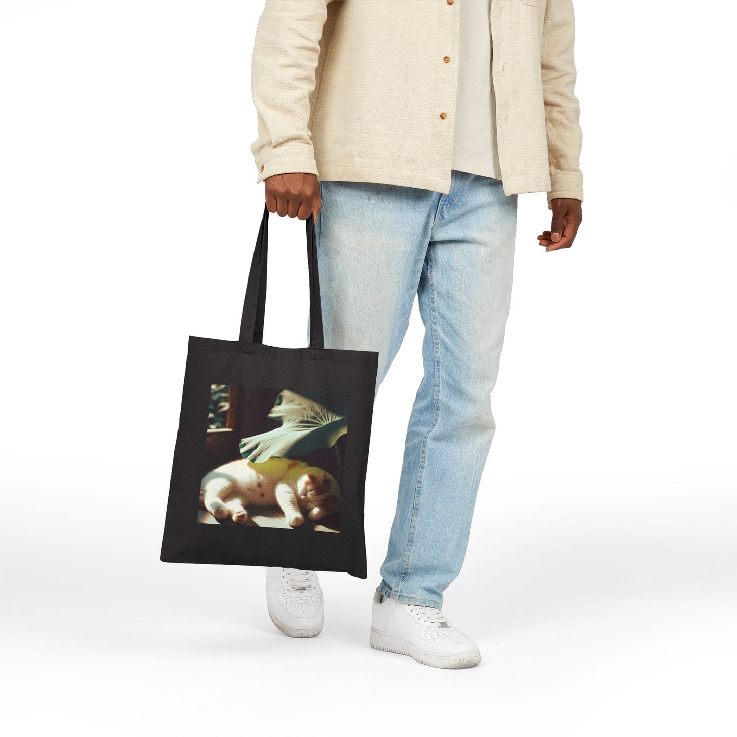 72B3 Lazy Cat Summer Tote Bag – Lotus Leaf Illustration on Heavy Cotton Canvas