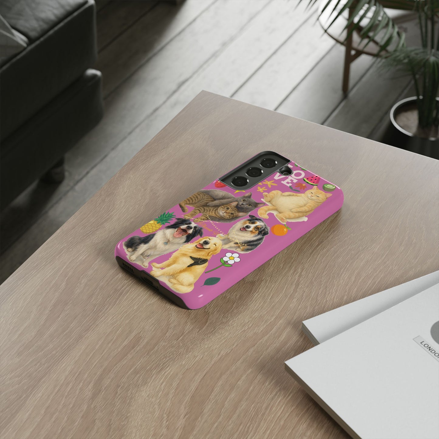 60A-2 Dog and Cat Printed Dual-Layer Phone Case In Pink – Glossy or Matte Finish – iPhone & Android Compatible