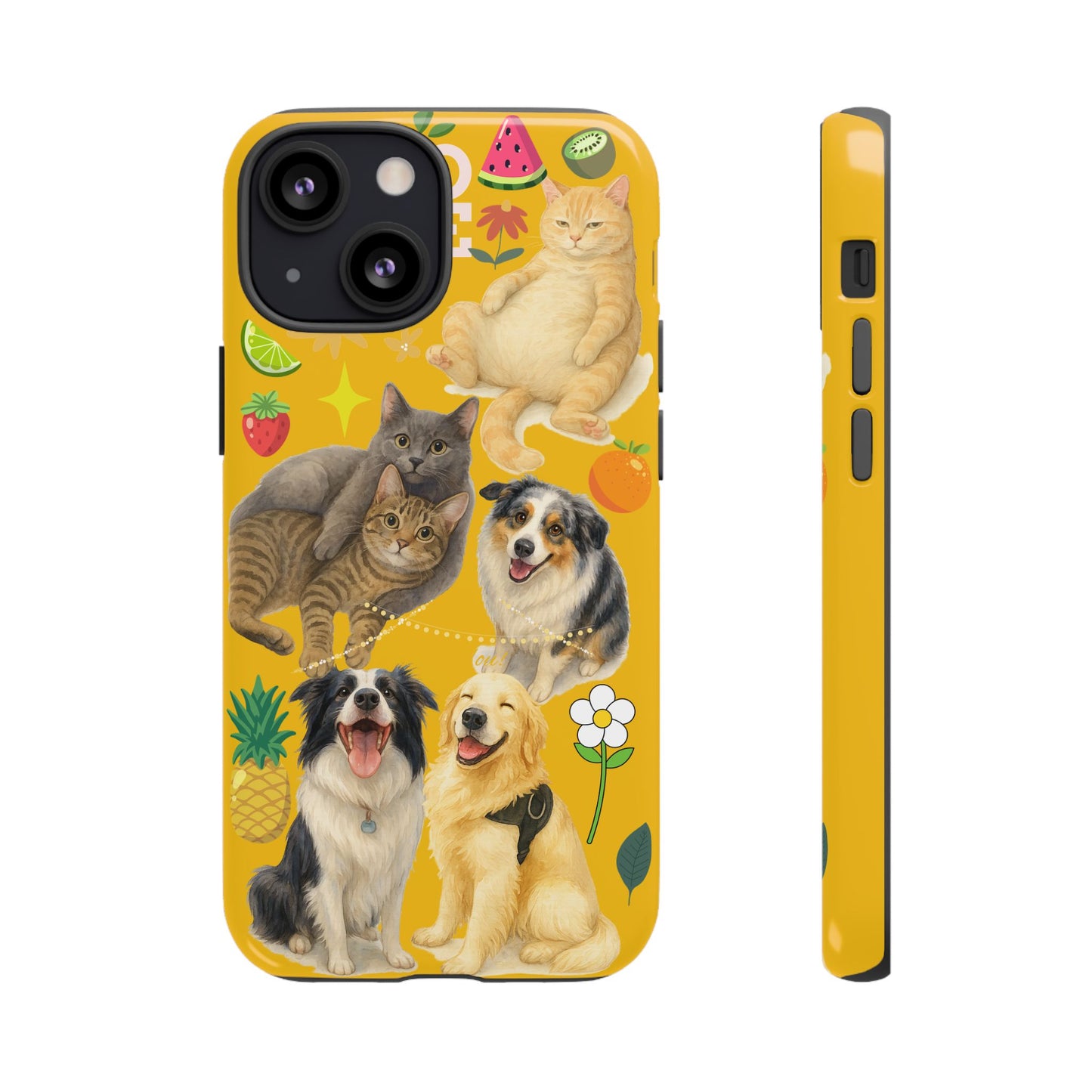 60A-5 Dog and Cat Printed Dual-Layer Phone Case In Yellow – Glossy or Matte Finish – iPhone & Android Compatible