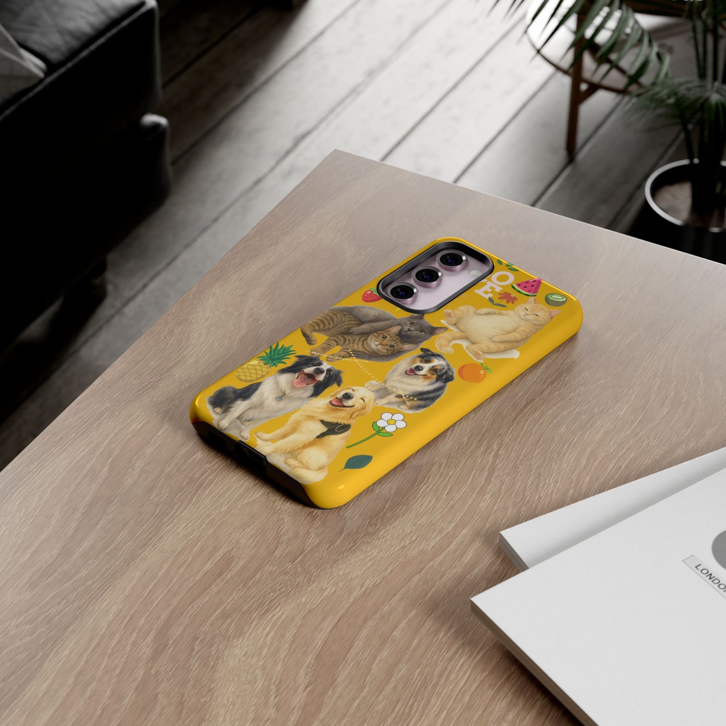 60A-5 Dog and Cat Printed Dual-Layer Phone Case In Yellow – Glossy or Matte Finish – iPhone & Android Compatible