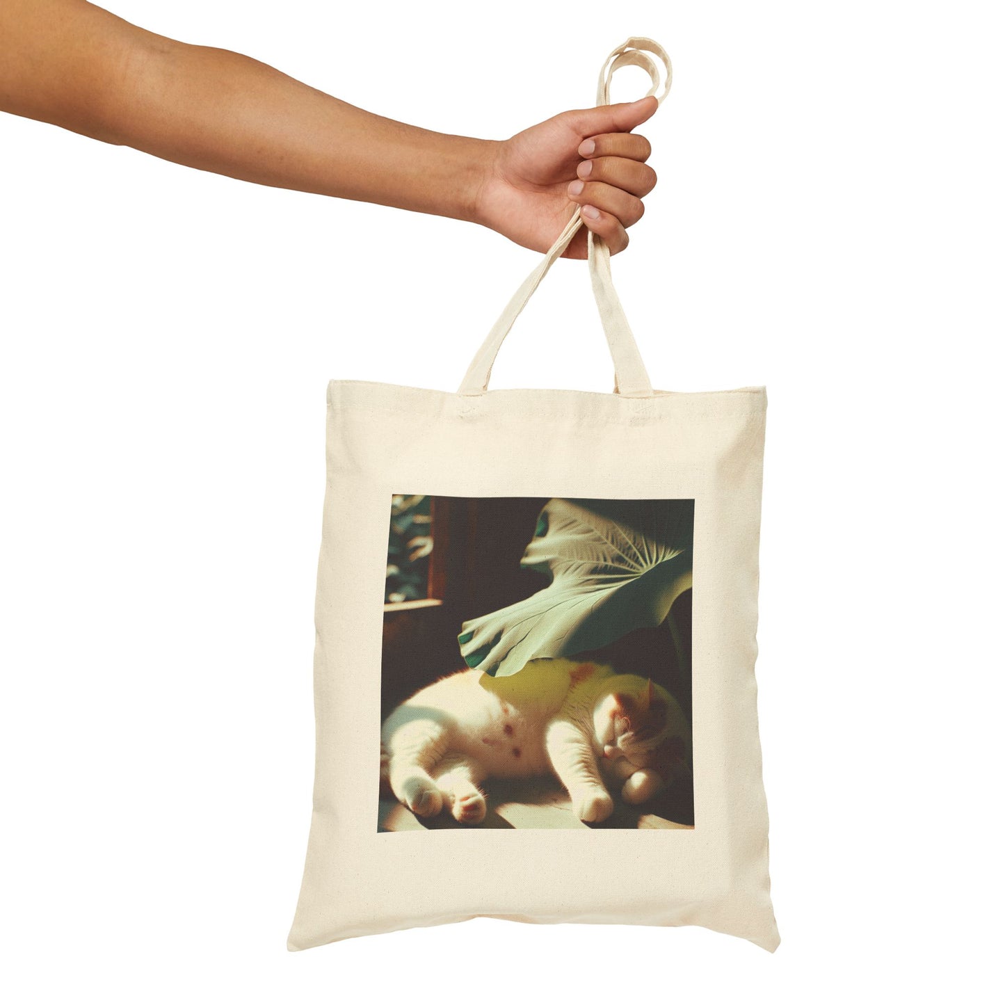 72B3 Lazy Cat Summer Tote Bag – Lotus Leaf Illustration on Heavy Cotton Canvas