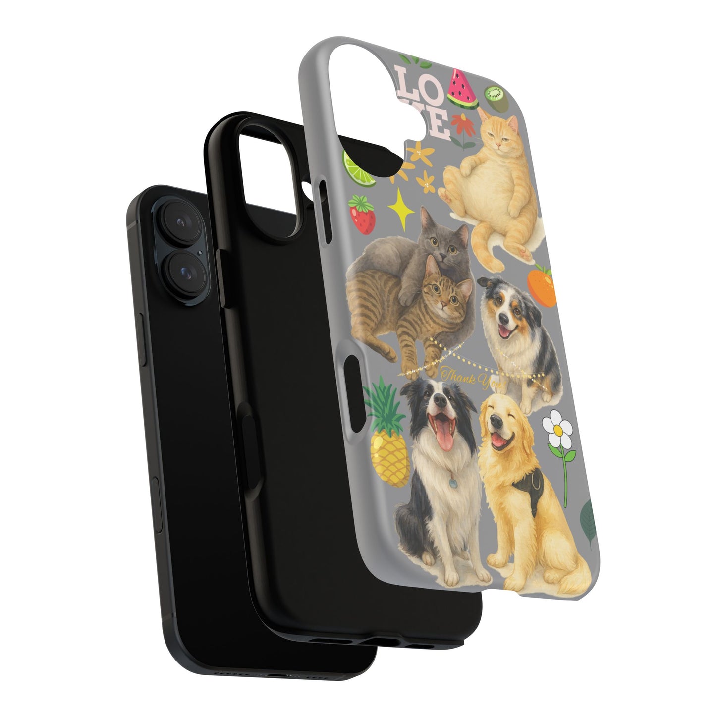 60A-3 Dog and Cat Printed Dual-Layer Phone Case In Grey – Glossy or Matte Finish – iPhone & Android Compatible