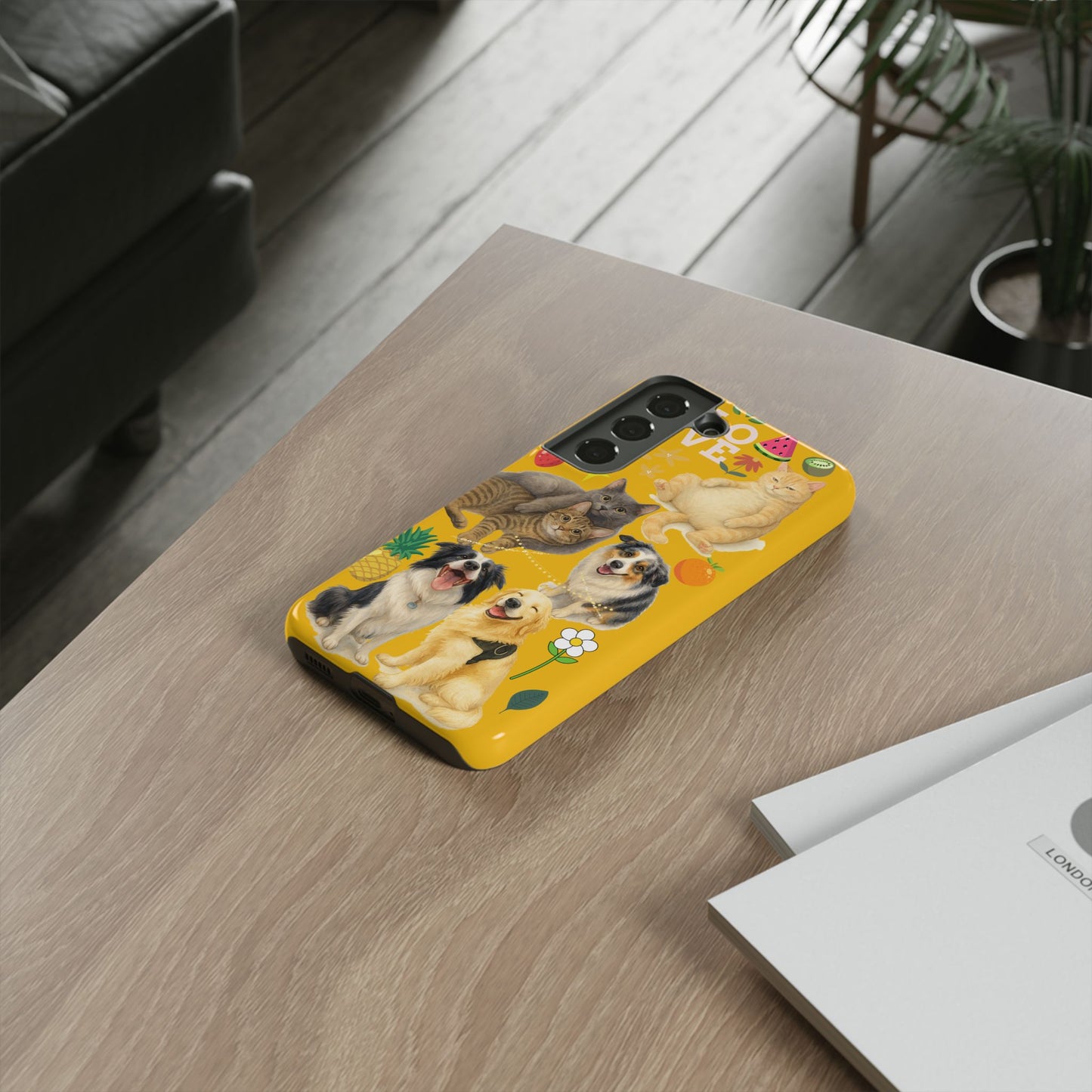 60A-5 Dog and Cat Printed Dual-Layer Phone Case In Yellow – Glossy or Matte Finish – iPhone & Android Compatible