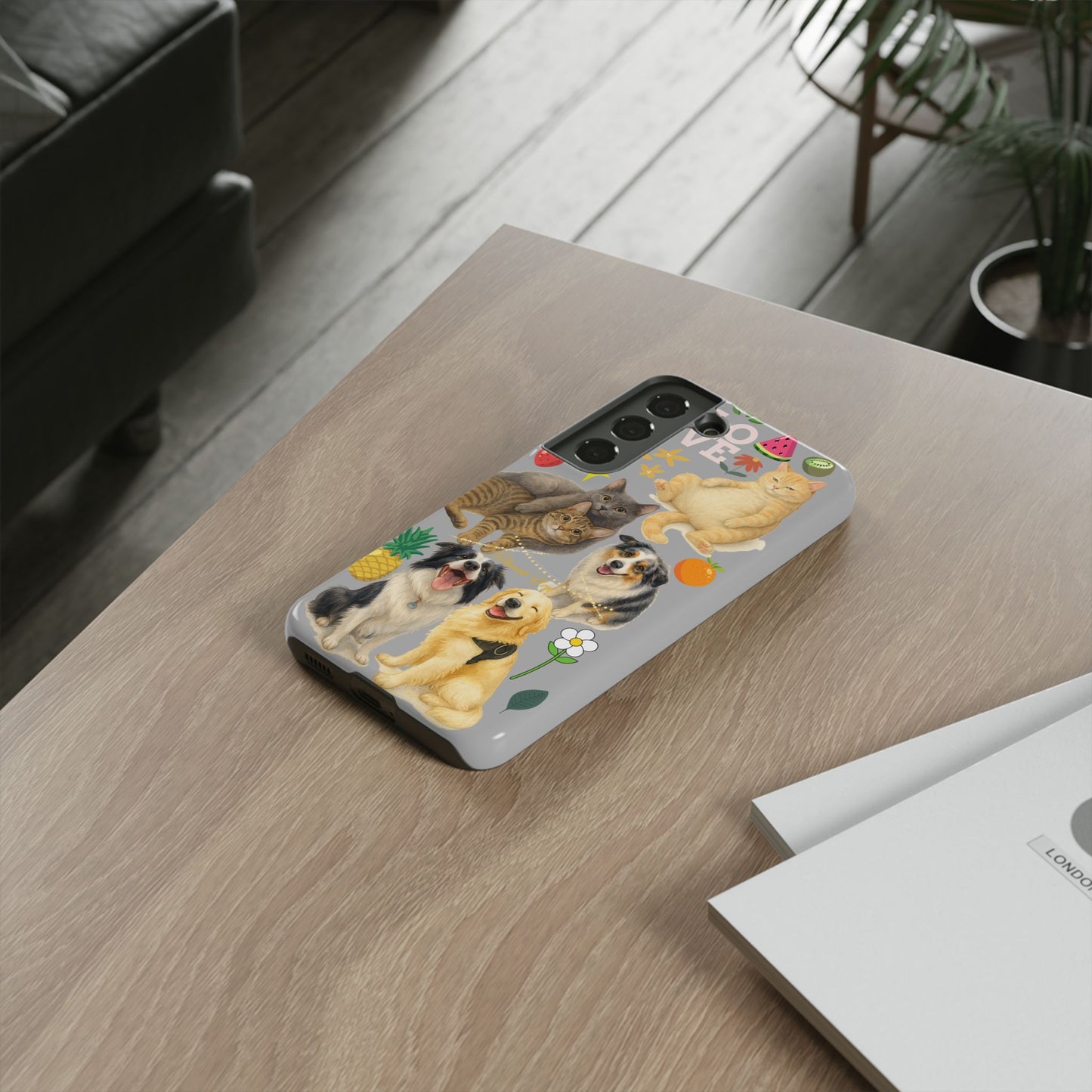 60A-6 Dog and Cat Printed Dual-Layer Phone Case In Light Grey – Glossy or Matte Finish – iPhone & Android Compatible