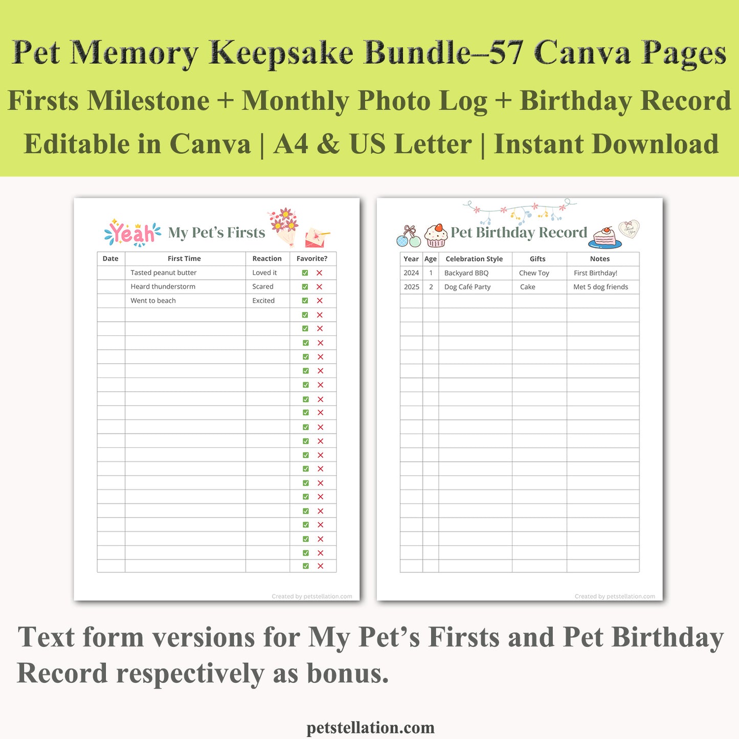 00D6 Pet Memory Keepsake Bundle – Editable Canva Templates for Milestones, Monthly Photo Log & Birthday Records