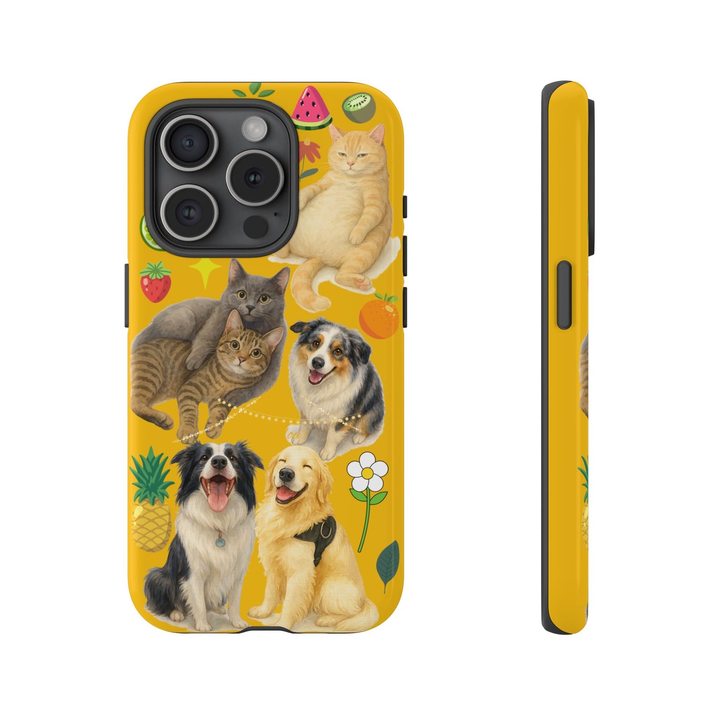60A-5 Dog and Cat Printed Dual-Layer Phone Case In Yellow – Glossy or Matte Finish – iPhone & Android Compatible