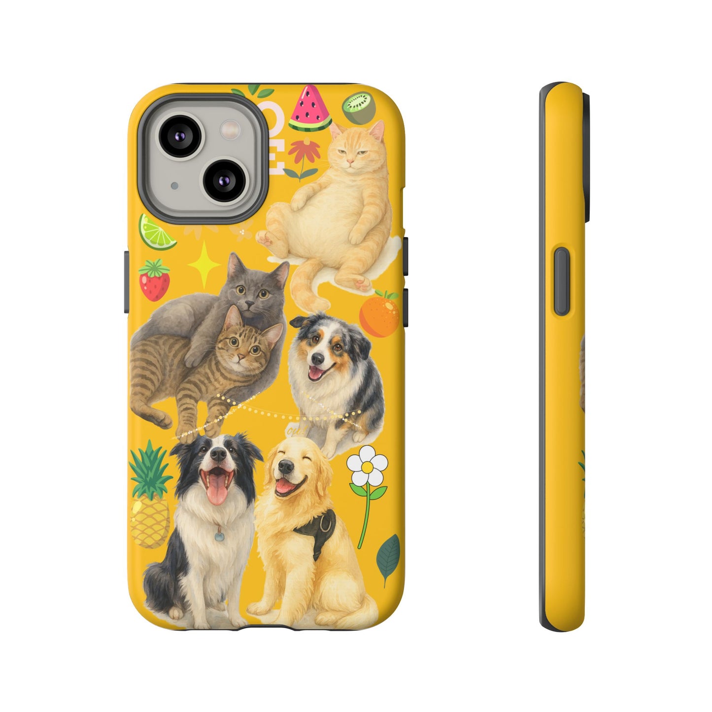60A-5 Dog and Cat Printed Dual-Layer Phone Case In Yellow – Glossy or Matte Finish – iPhone & Android Compatible