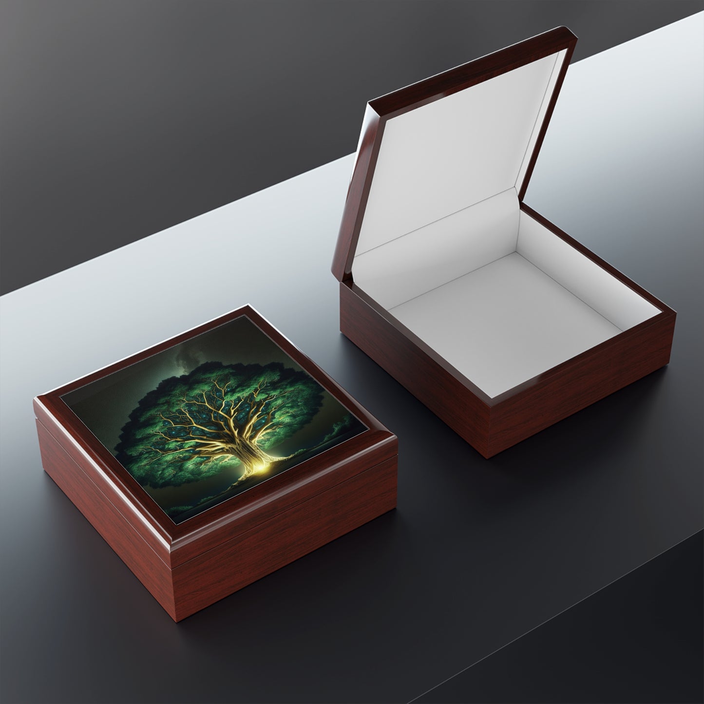 83B1 Tree of Life Jewelry Box – Rubberwood with Glossy Ceramic Tile Lid and Felt Lining