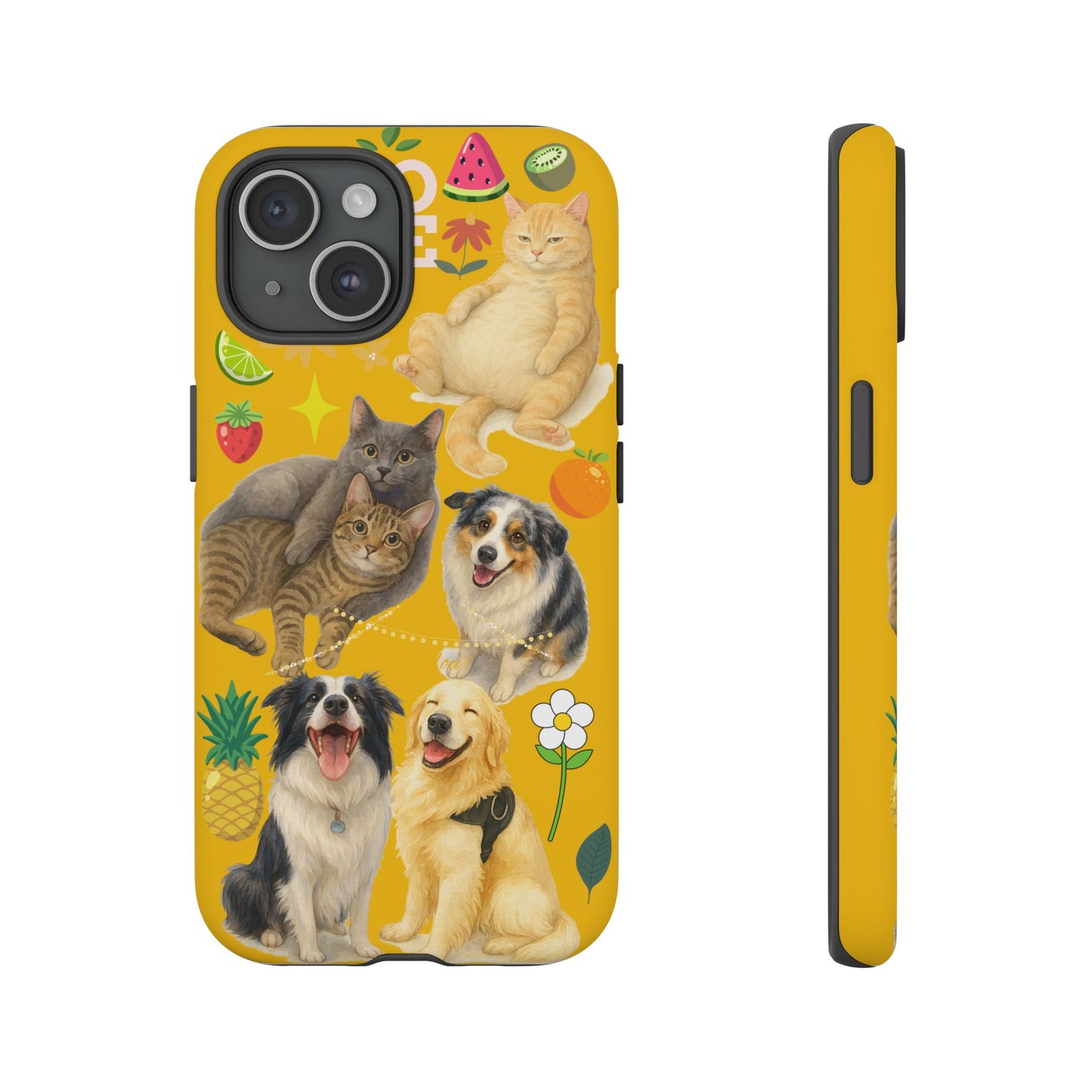 60A-5 Dog and Cat Printed Dual-Layer Phone Case In Yellow – Glossy or Matte Finish – iPhone & Android Compatible