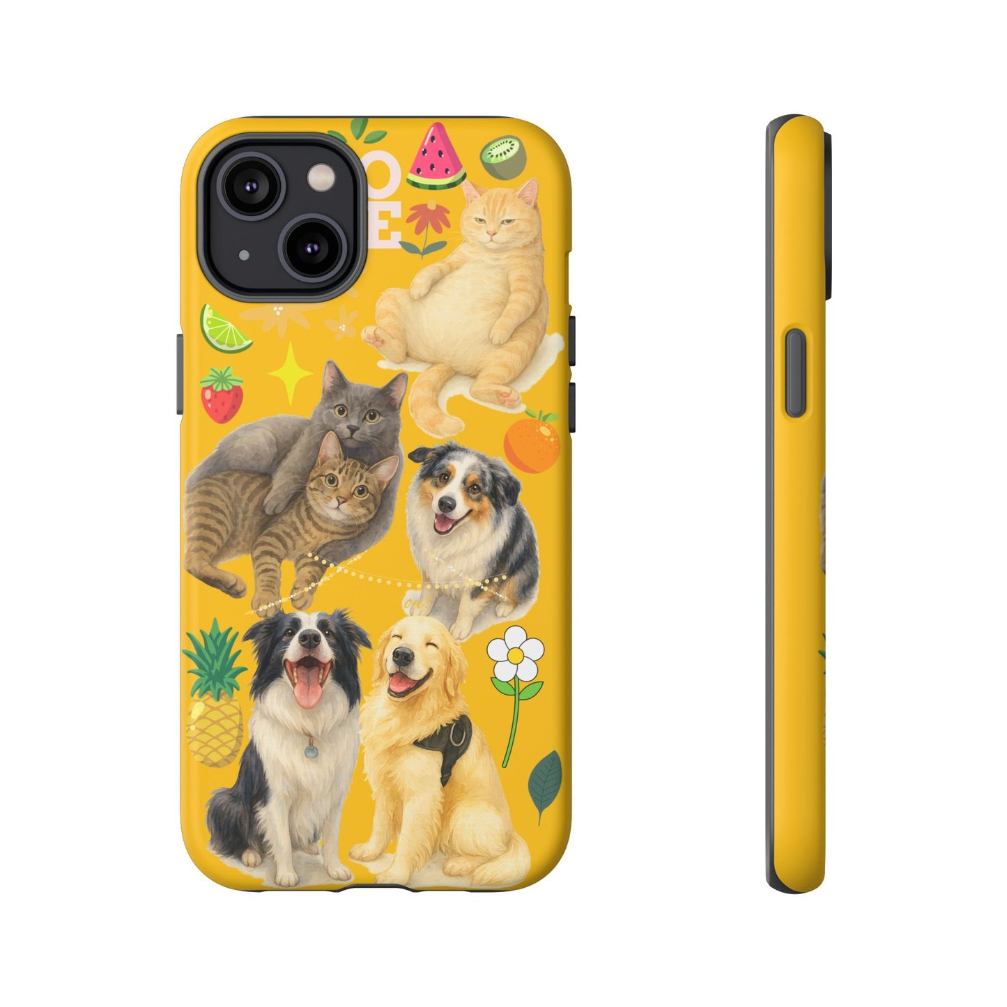 60A-5 Dog and Cat Printed Dual-Layer Phone Case In Yellow – Glossy or Matte Finish – iPhone & Android Compatible