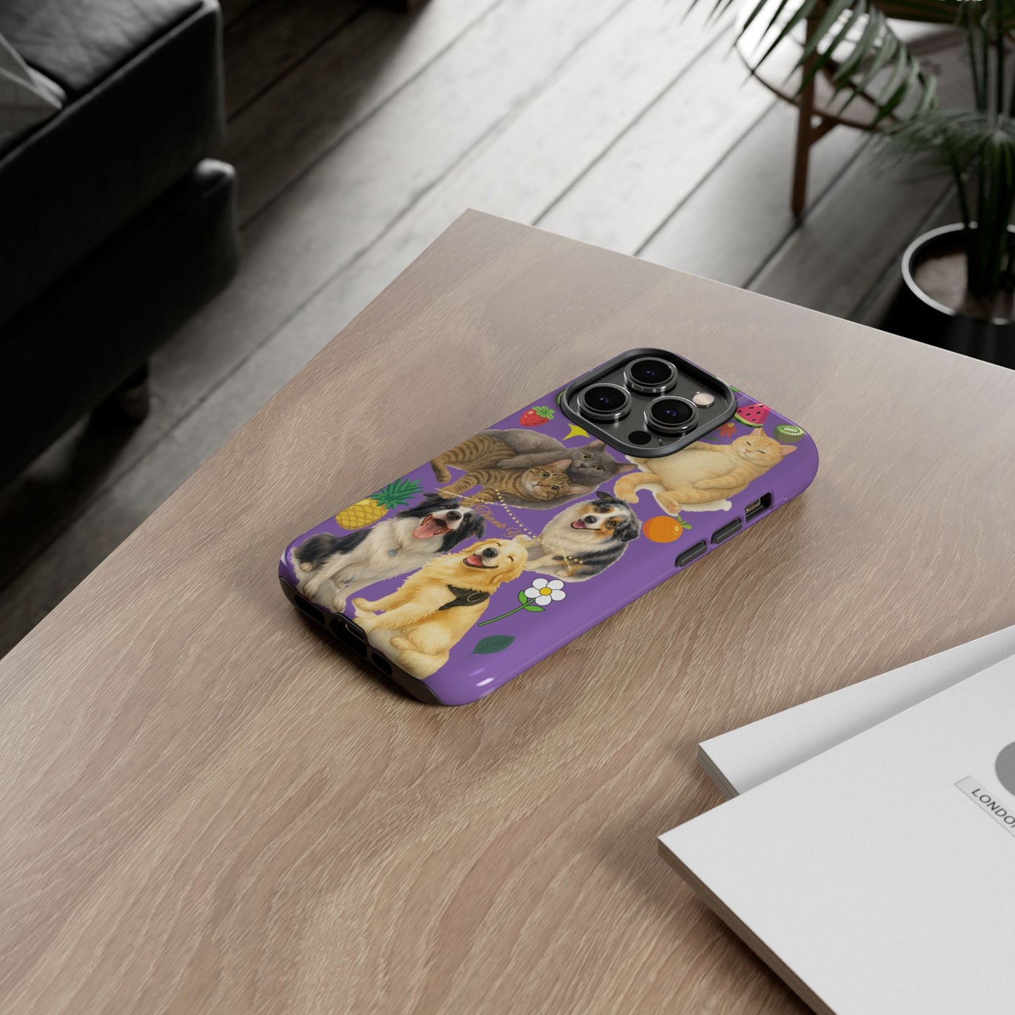 60A-4 Dog and Cat Printed Dual-Layer Phone Case In Purple – Glossy or Matte Finish – iPhone & Android Compatible