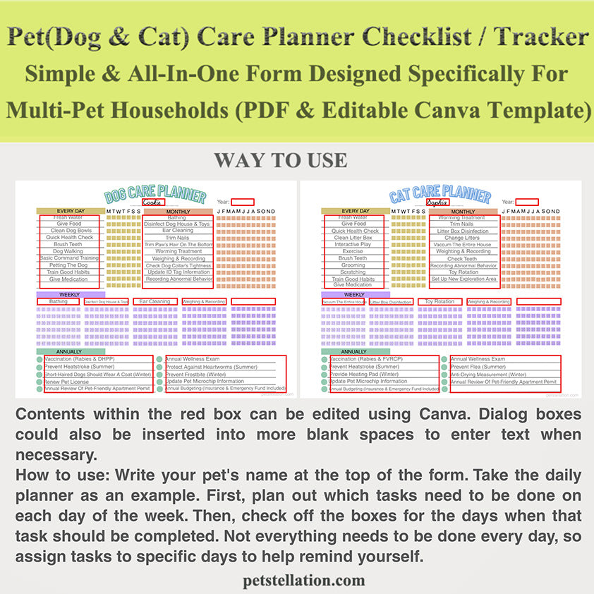 00E Multi-Pet Care Planner & Checklist | Printable PDF & Editable Canva Template | Dog & Cat Daily, Weekly, Monthly, Yearly Pet Tracker