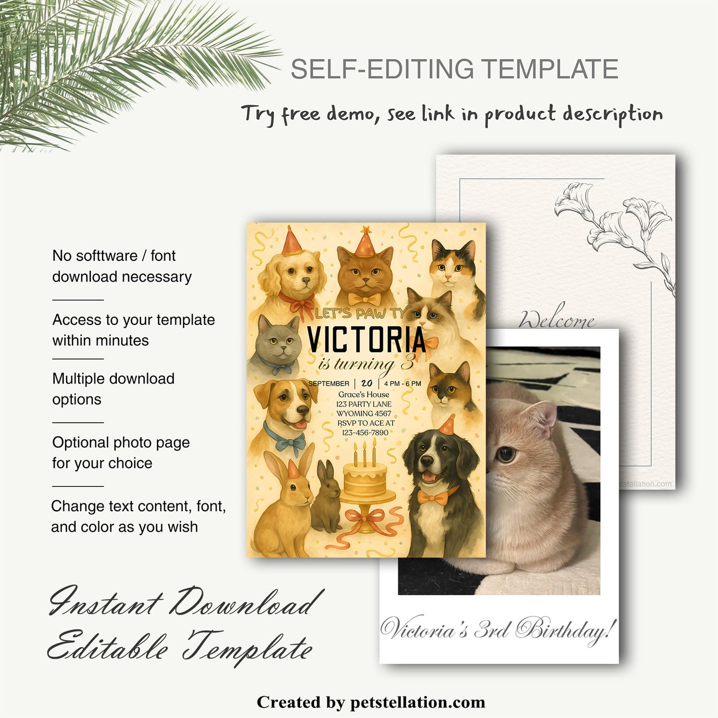 36A5 Elegant Pet Birthday Invitation Card Template – 5x7" Editable Canva Design | British Style Party Invite for Dogs & Cats