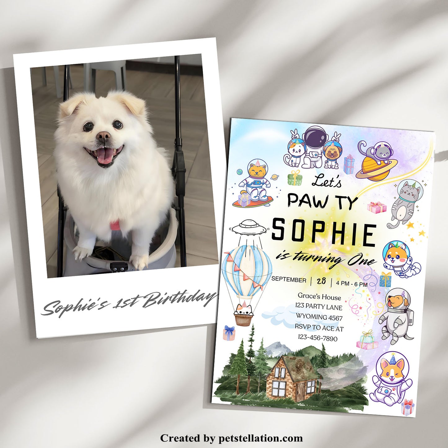 30C Editable Pet Birthday Cards – Canva Template with Space Theme Perfect for Cat and Dog Gotcha Days or Birthday Pawties