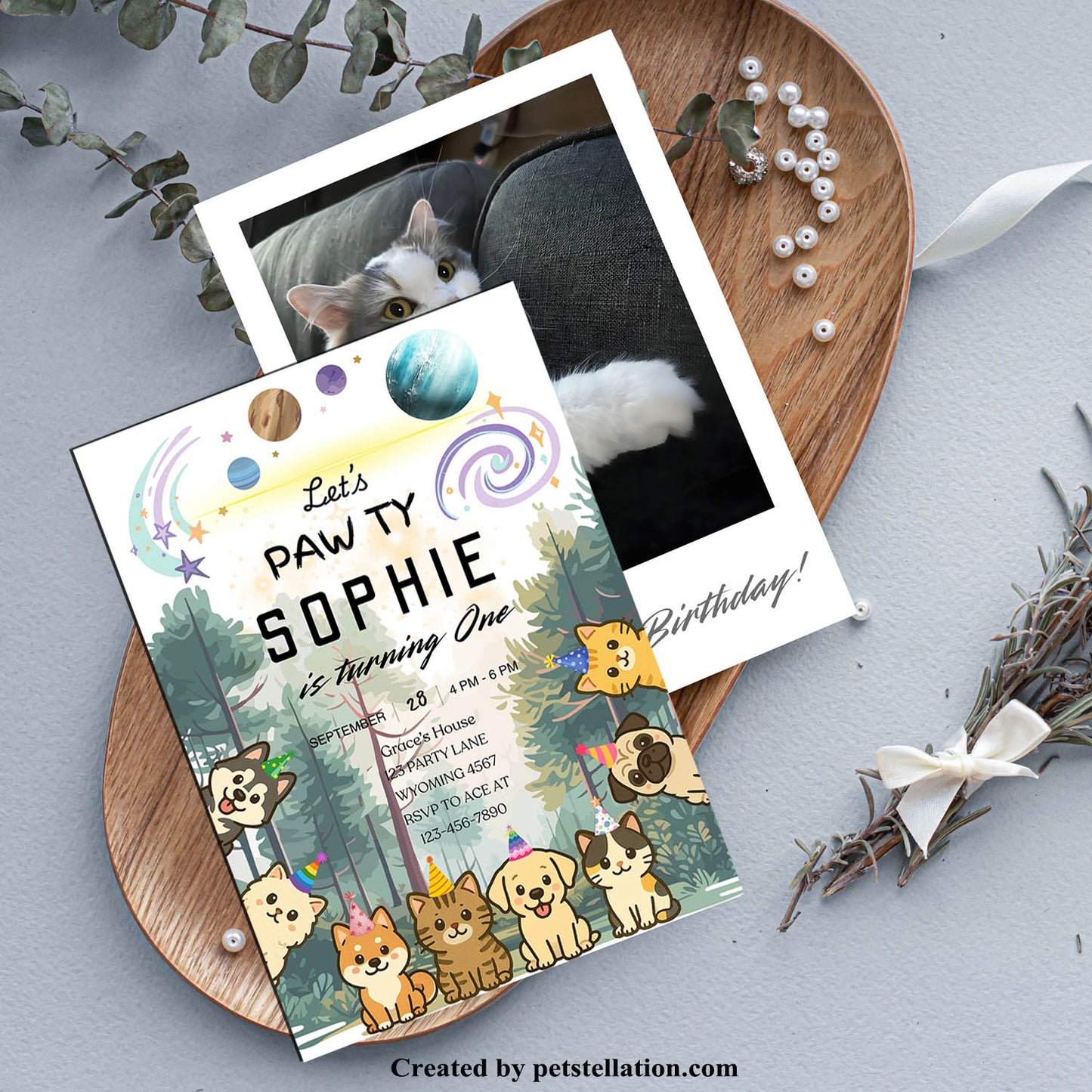 30B Editable Cosmic Cat & Dog Adoption Anniversary / Birthday Party Invitation Card – Intergalactic Pet Birthday "Pawty" in the Forest