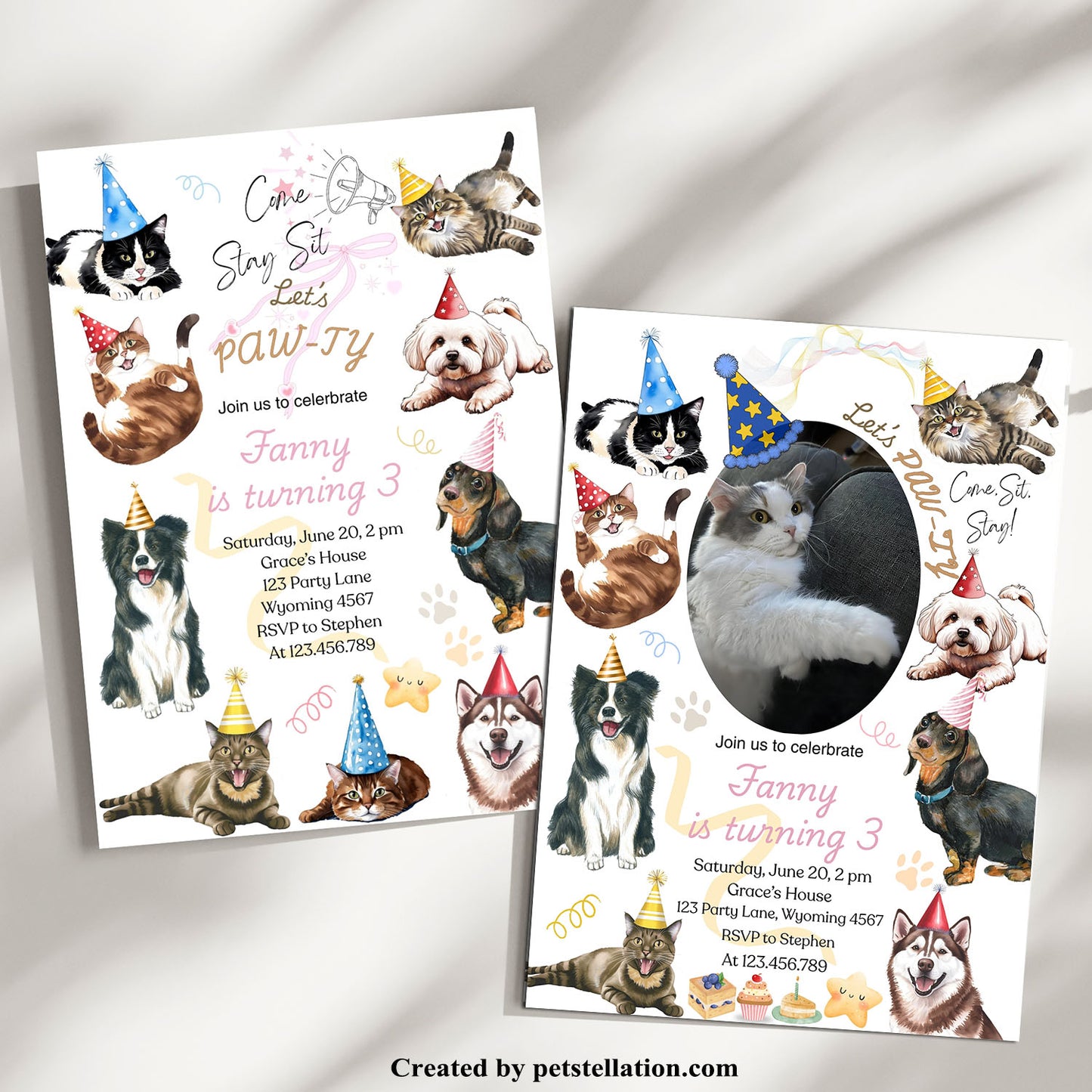 30A Editable Pet Birthday & Adoption Party Invitation Card – Personalized Cat & Dog “Pawty” Celebration
