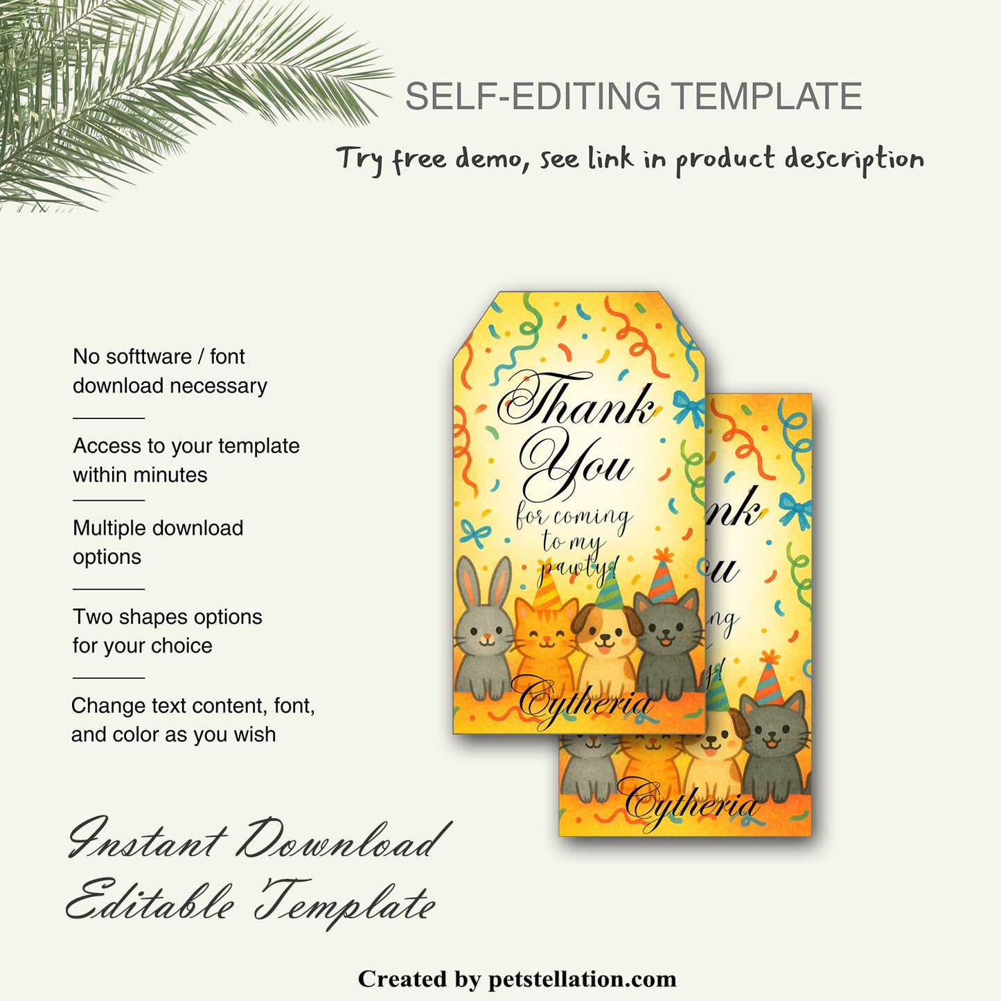 46D9 Bright & Cute Animal Thank You Tag – Printable Canva Gift Label Template (2 Shapes, Editable)