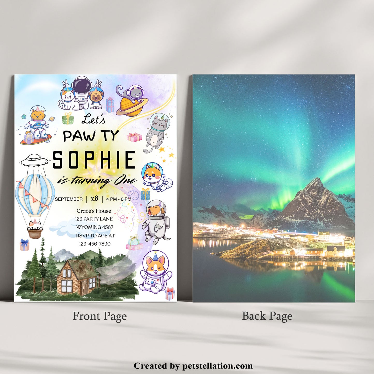 30C Editable Pet Birthday Cards – Canva Template with Space Theme Perfect for Cat and Dog Gotcha Days or Birthday Pawties