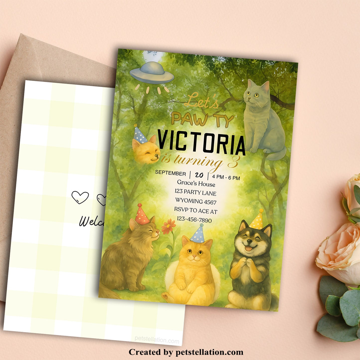30A1 Editable Pet Birthday Invitation Canva Template – Dog or Cat Party Invite – 5x7” Custom Printable Card