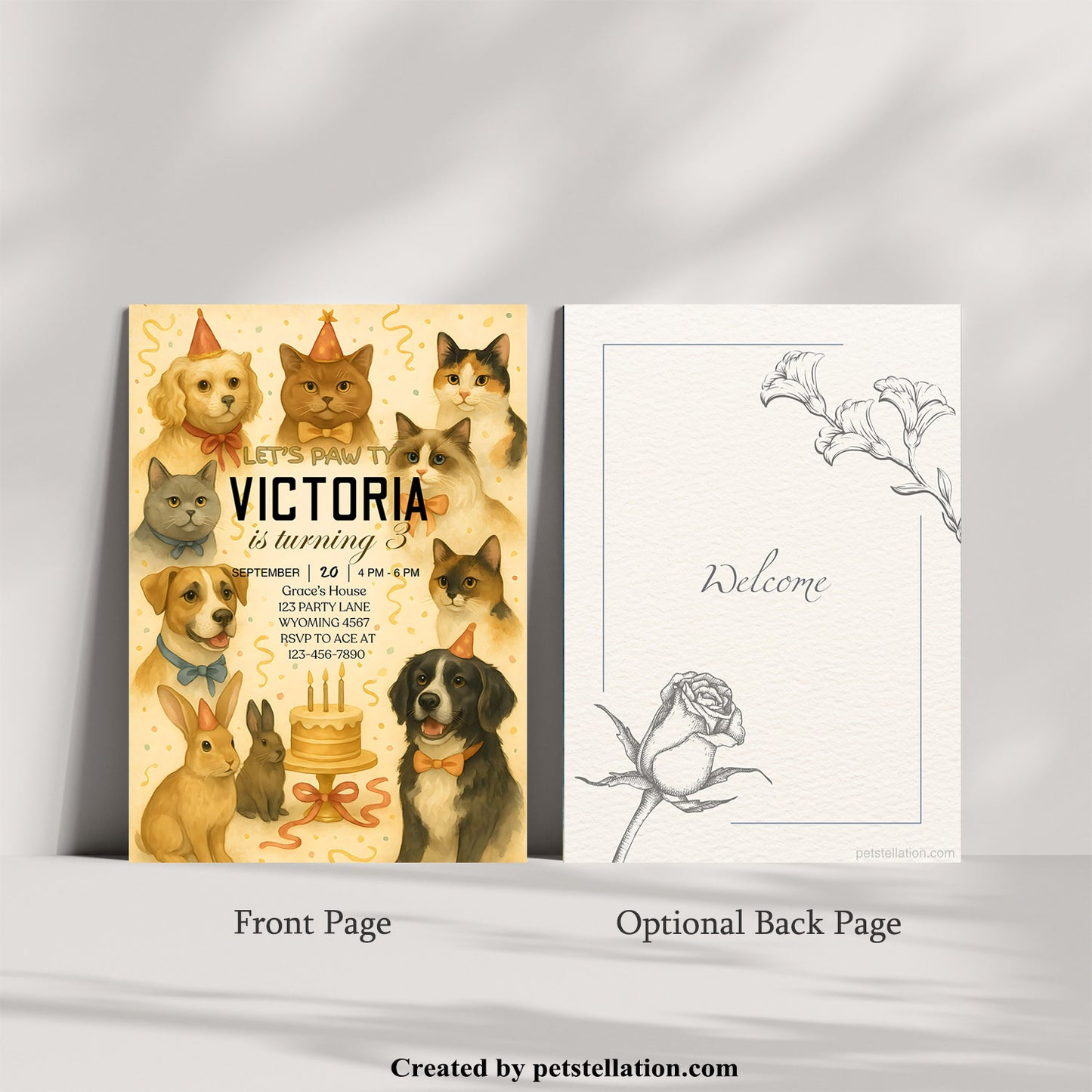 36A5 Elegant Pet Birthday Invitation Card Template – 5x7" Editable Canva Design | British Style Party Invite for Dogs & Cats