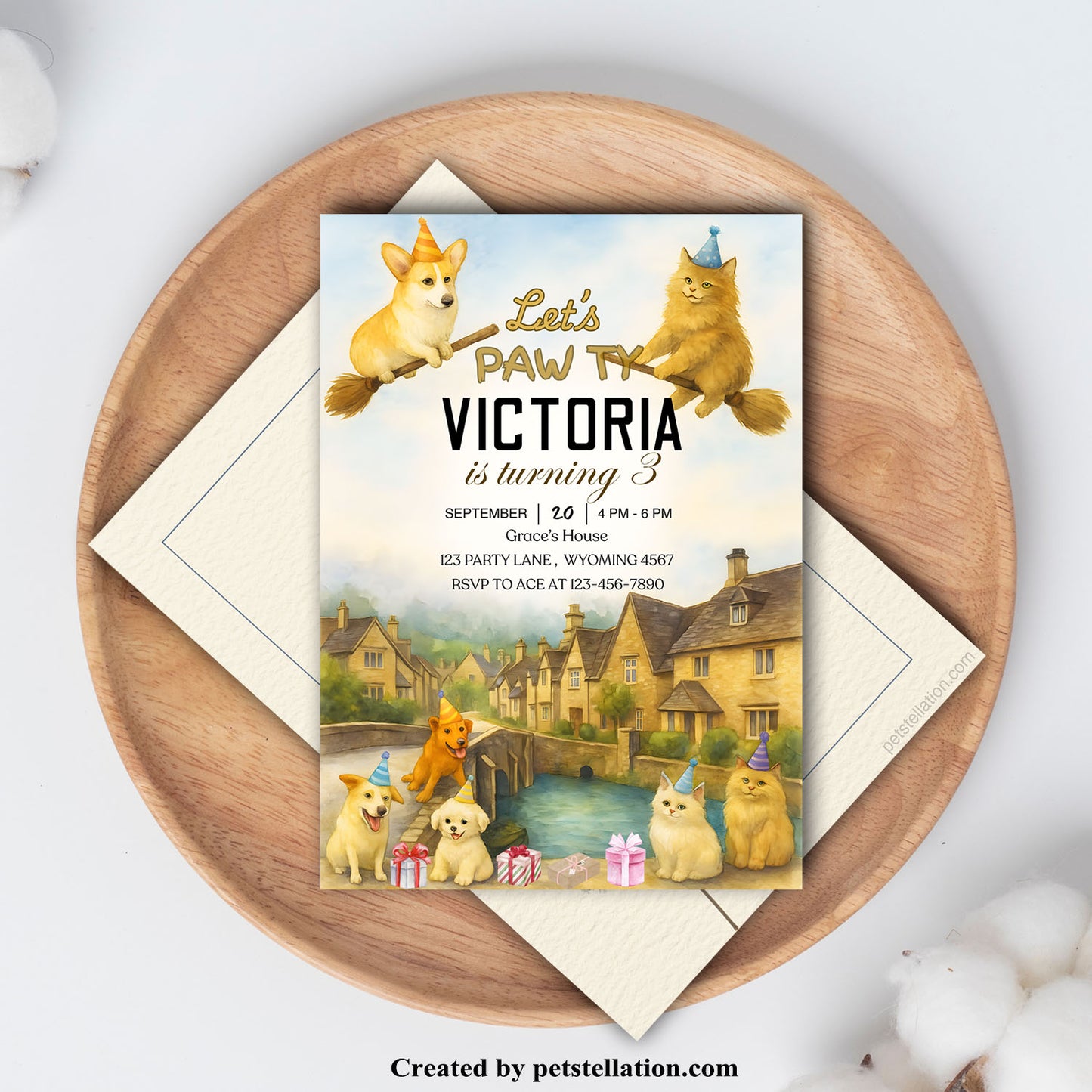 30A3 Editable Pet Birthday Invitation Canva Template – British-Inspired Watercolor Card with Dogs & Cats | Custom Text + Optional Photo Insert + Elegant Back Design