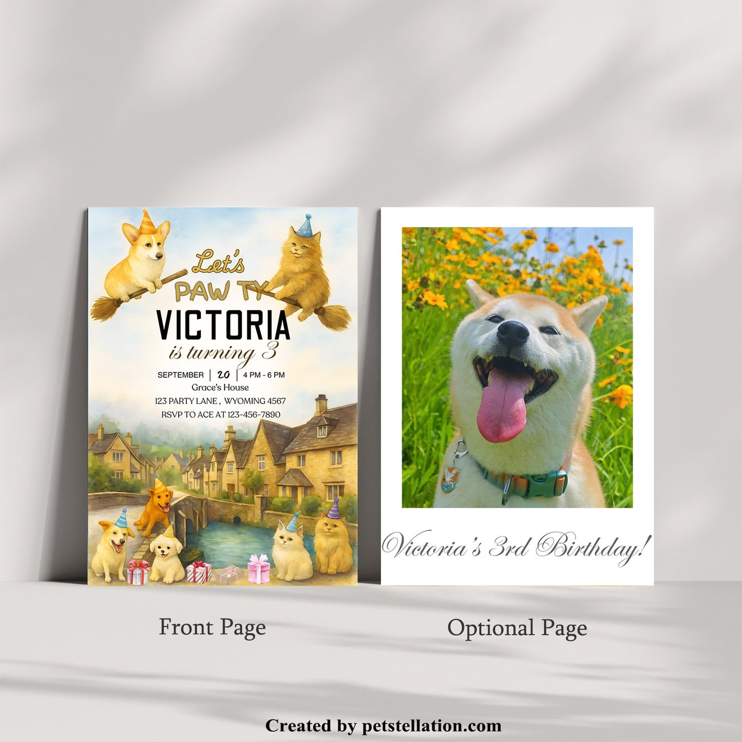 30A3 Editable Pet Birthday Invitation Canva Template – British-Inspired Watercolor Card with Dogs & Cats | Custom Text + Optional Photo Insert + Elegant Back Design