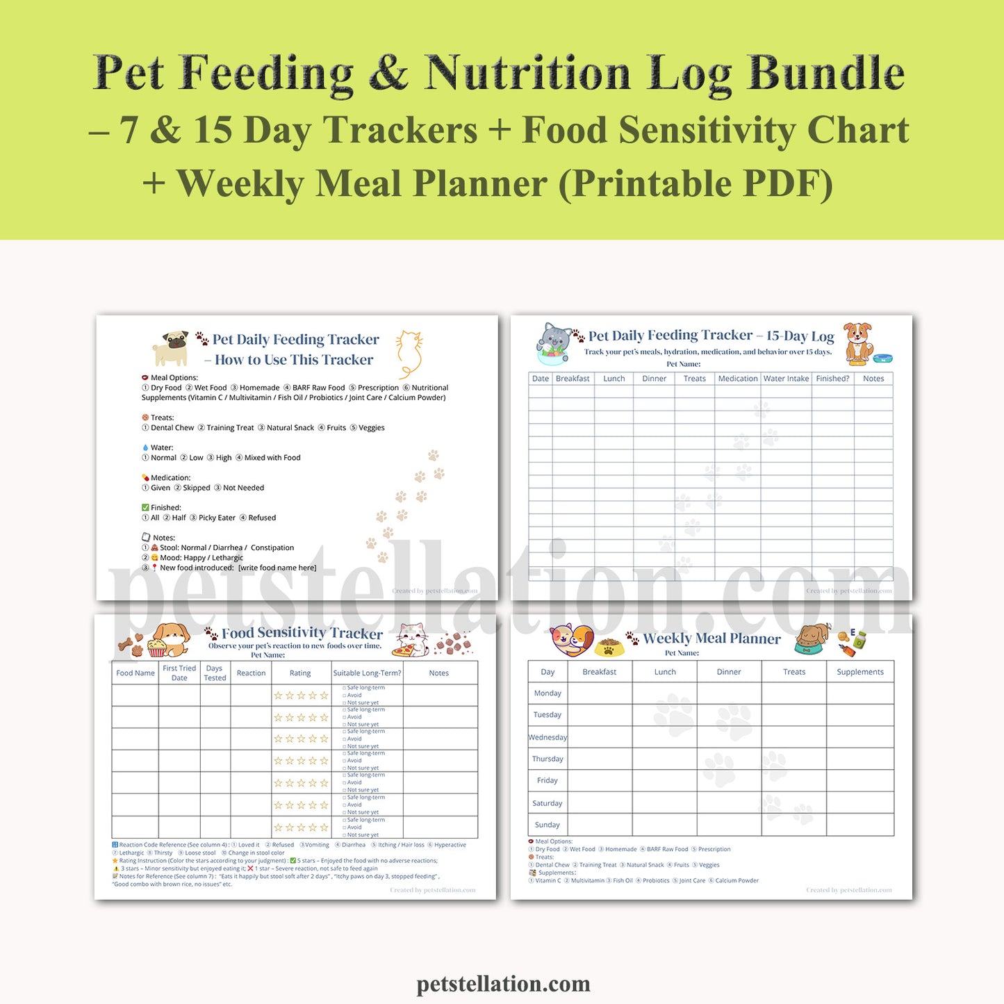 00D7 Pet Feeding & Nutrition Log Bundle – 7 & 15 Day Trackers + Food Sensitivity Chart + Weekly Meal Planner (Printable PDF)