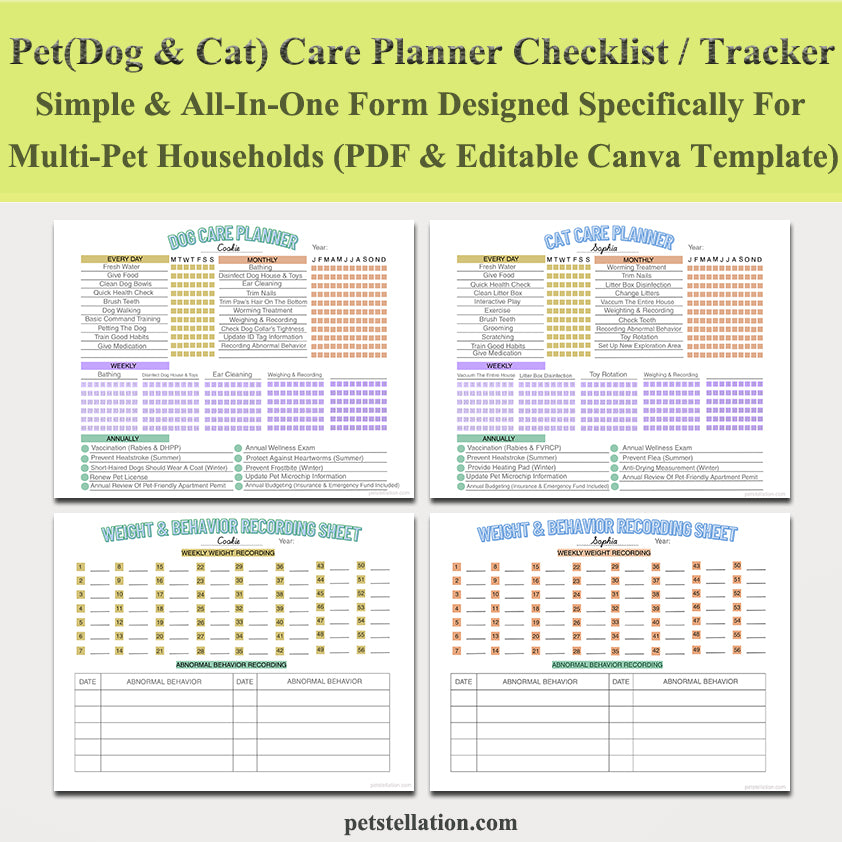 00E Multi-Pet Care Planner & Checklist | Printable PDF & Editable Canva Template | Dog & Cat Daily, Weekly, Monthly, Yearly Pet Tracker