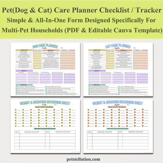 00E Multi-Pet Care Planner & Checklist | Printable PDF & Editable Canva Template | Dog & Cat Daily, Weekly, Monthly, Yearly Pet Tracker