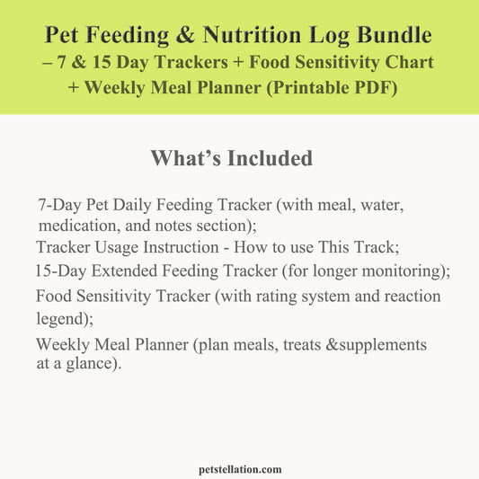 00D7 Pet Feeding & Nutrition Log Bundle – 7 & 15 Day Trackers + Food Sensitivity Chart + Weekly Meal Planner (Printable PDF)