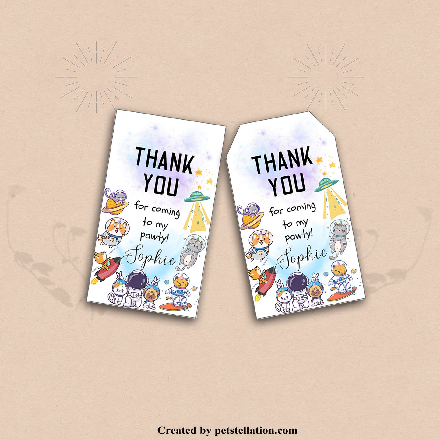 40C Editable Space Cat and Dog Thank You Tags – Astronaut Animal Gift Tags – Printable Canva Template