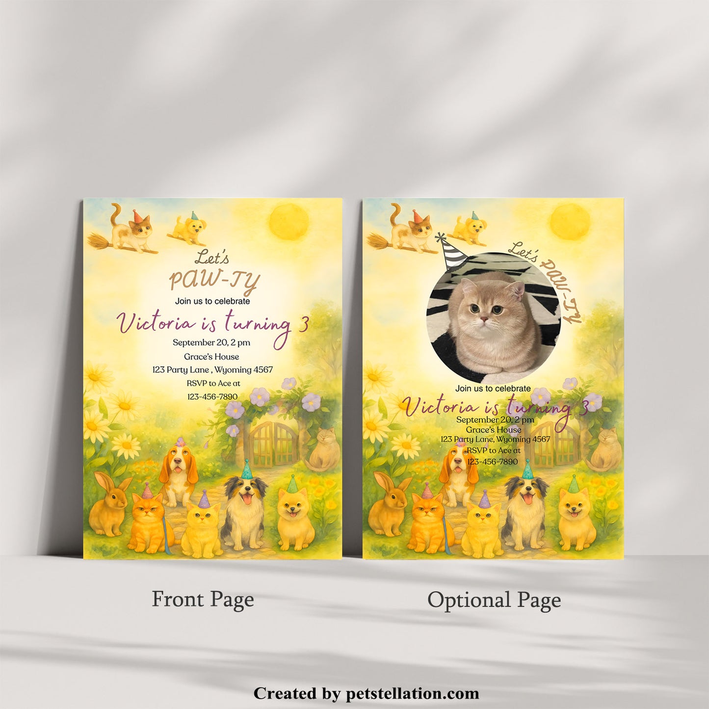 36A9-1 Lush Garden Birthday Card with Cat & Dog on Broomstick – Whimsical Canva Template for Pet Lovers