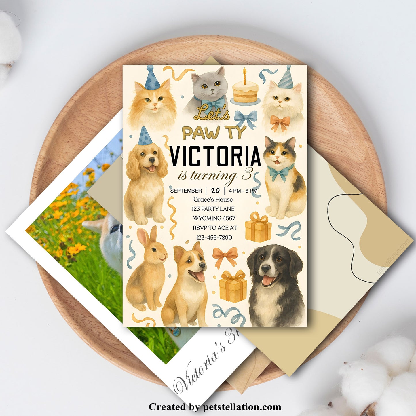 36A9 Elegant Pet Birthday Invitation Template – British Style 5x7" Canva Card with Photo Insert & Optional Back Cover