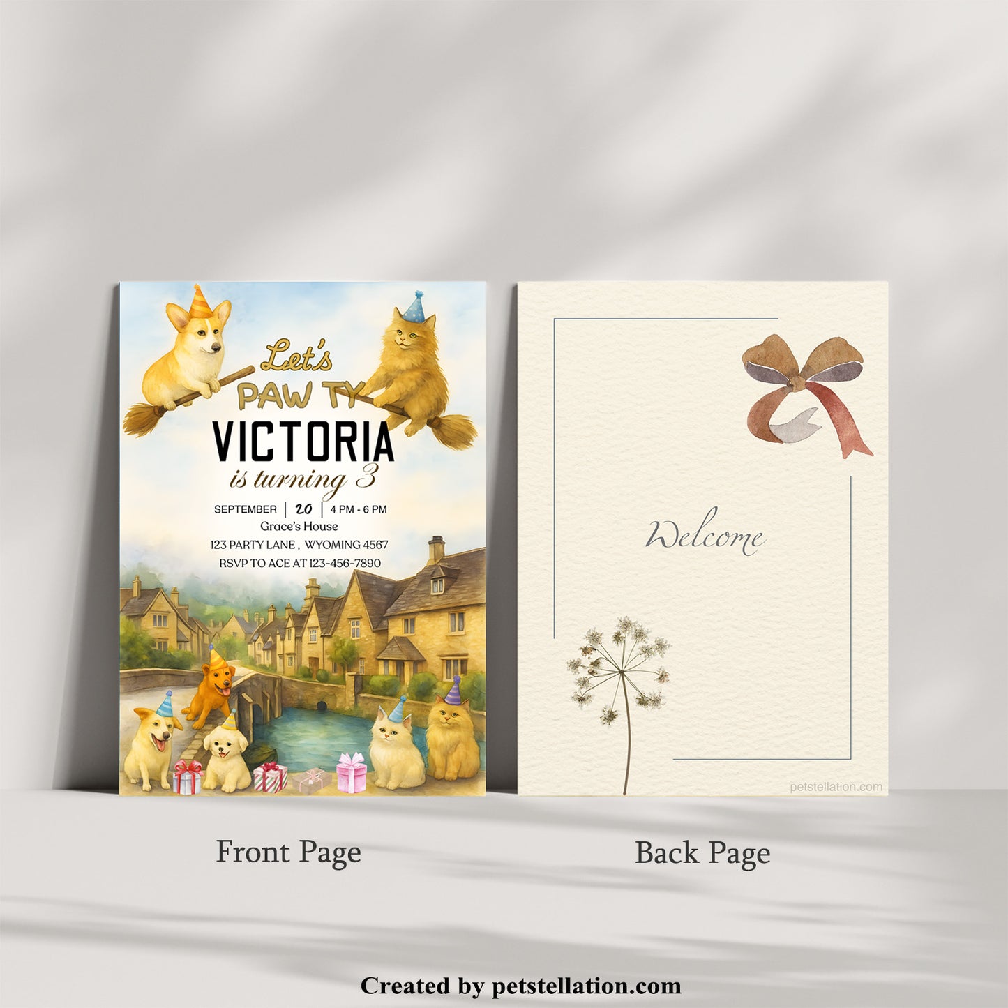 30A3 Editable Pet Birthday Invitation Canva Template – British-Inspired Watercolor Card with Dogs & Cats | Custom Text + Optional Photo Insert + Elegant Back Design