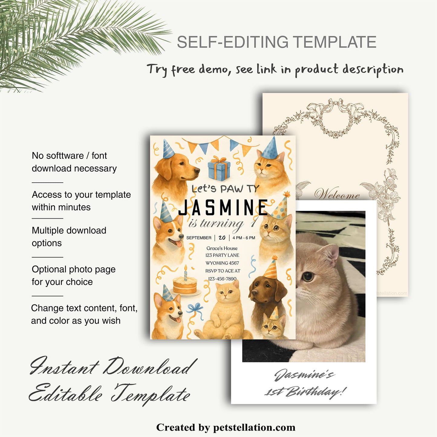 30A5 Pet Birthday Party Invitation Template for Canva – Editable 5x7" Card for Dogs and Cats