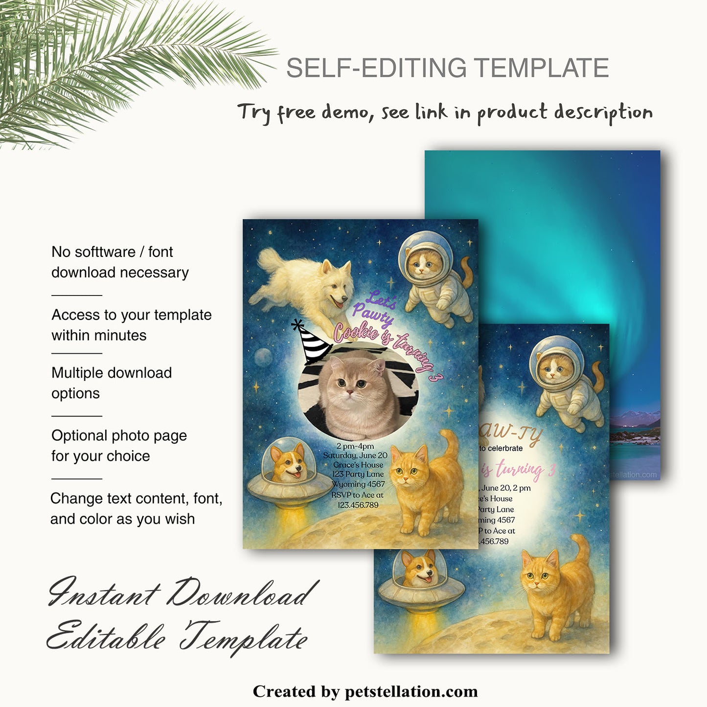 30C-2 Watercolor Galaxy Pet Party Invitation Card – Editable Canva Template with Corgi Spaceship, Cat Astronauts & Custom Photo Option