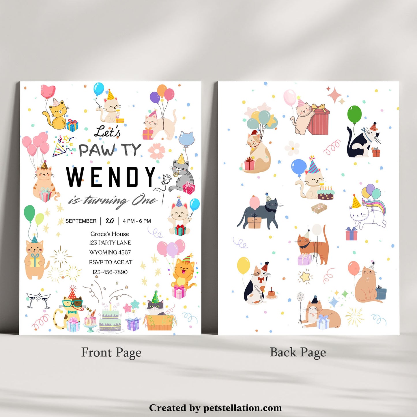32D Editable Cat Birthday Invitation Template – Cute Cartoon Cats Canva Design | Pet Adoption Anniversary Party Card
