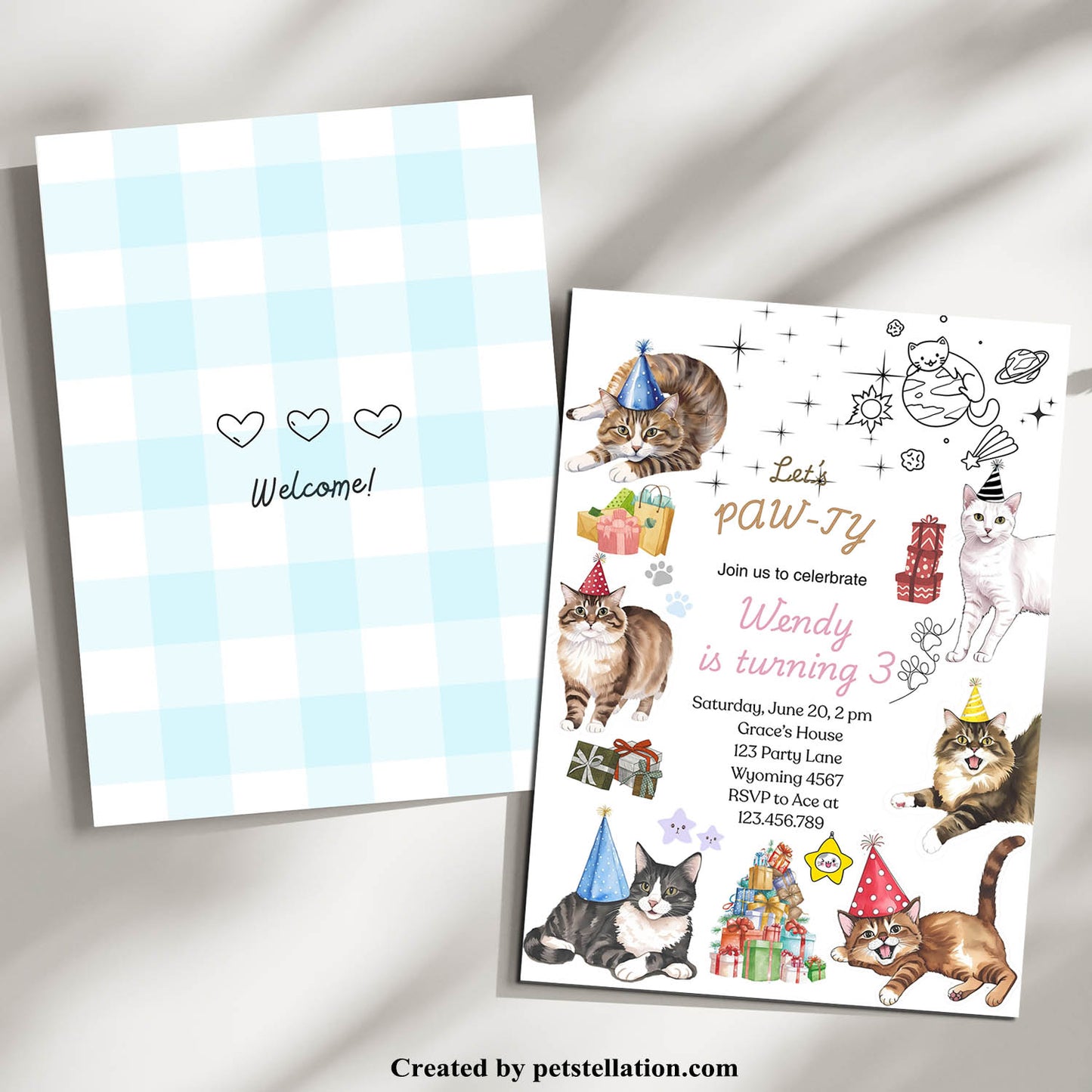 32A Editable Cat Birthday Invitation Template – Cute Watercolor Canva Design | Pet Adoption Anniversary Party Card