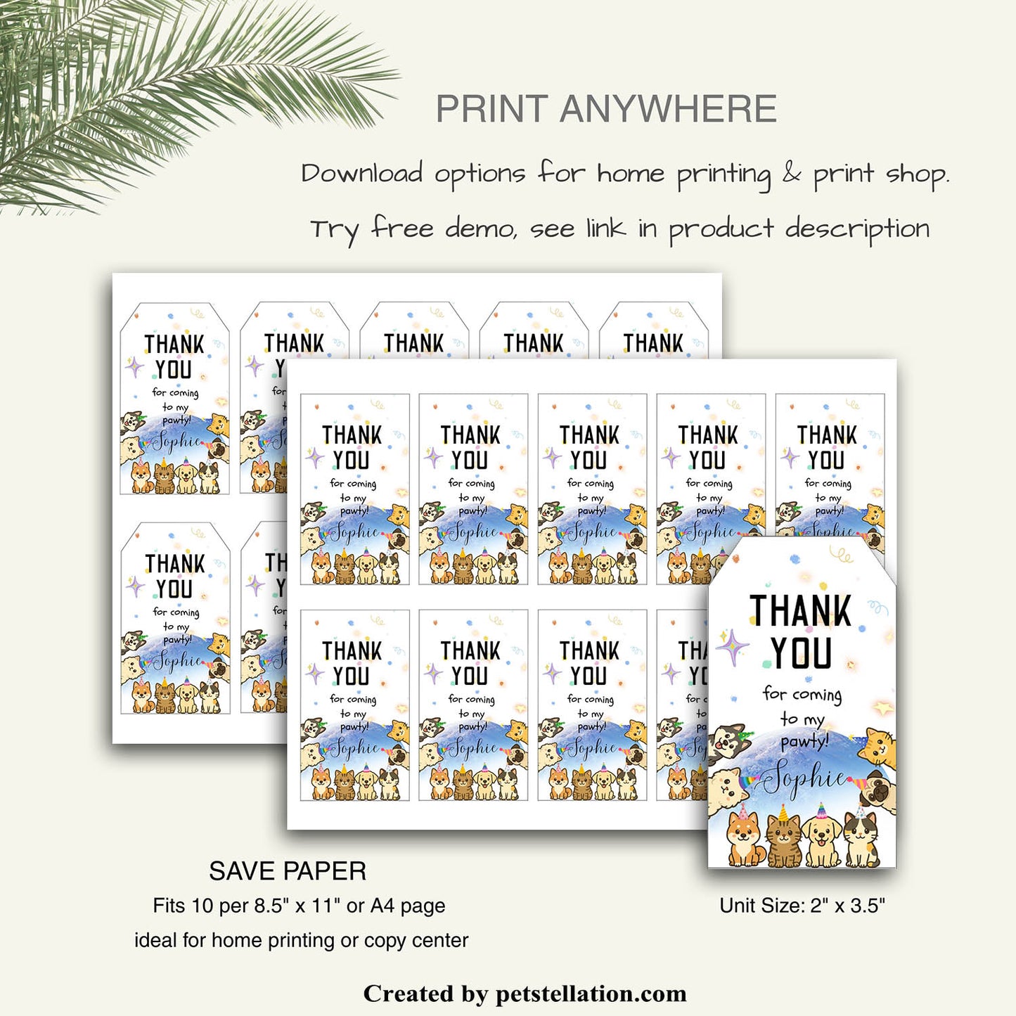 40B Editable Cat and Dog Thank You Tags - Space Planet Party Gift Tags - Printable Canva Template
