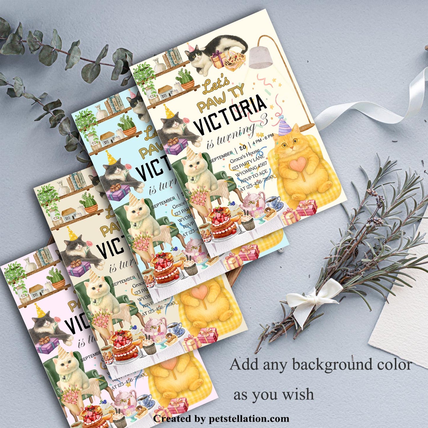 32A4 Whimsical Cat Party Invitation Canva Template – Editable Pet Celebration Invite with Photo Option