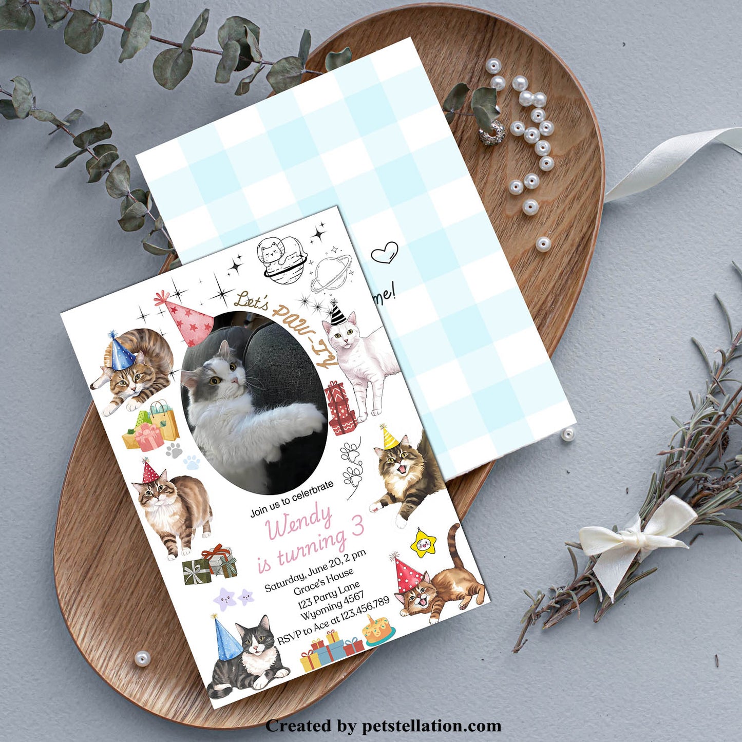 32A Editable Cat Birthday Invitation Template – Cute Watercolor Canva Design | Pet Adoption Anniversary Party Card