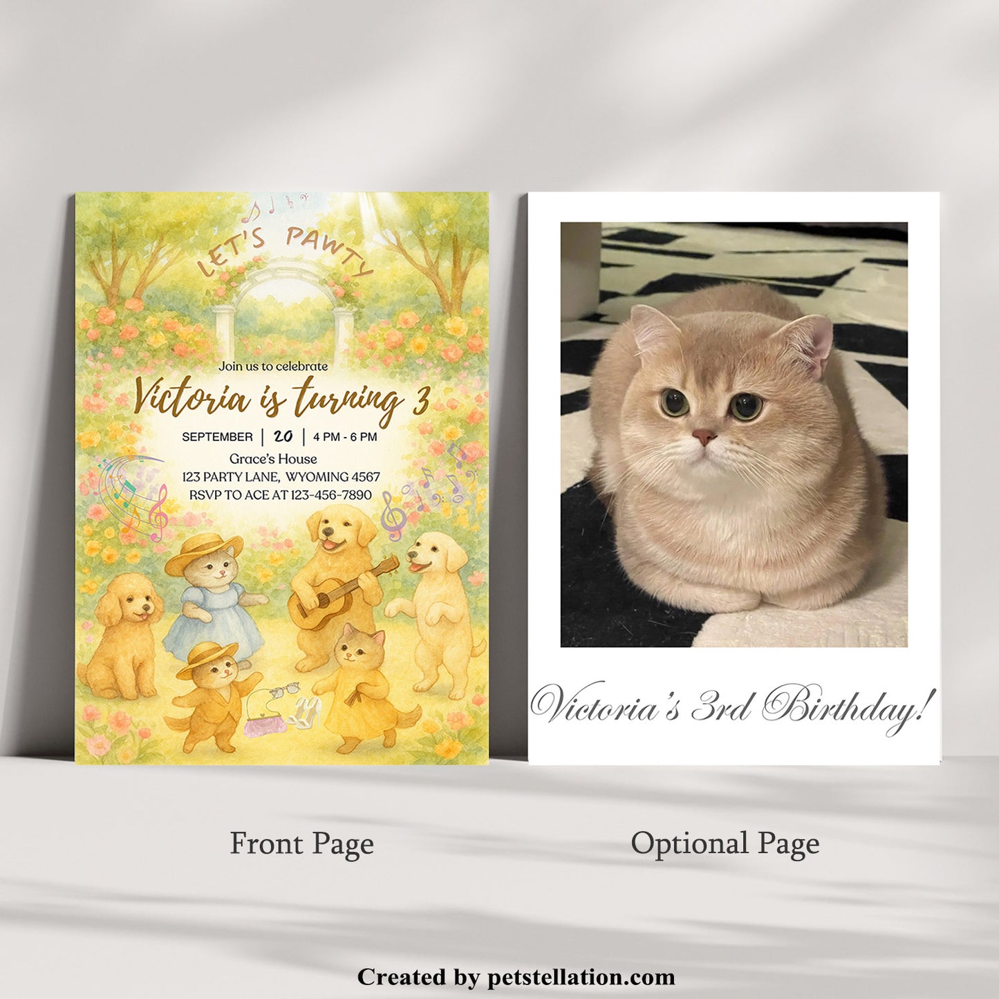 30A9 Whimsical Garden Party Invitation Card – Editable Canva Template with Cats, Dogs & Photo Option
