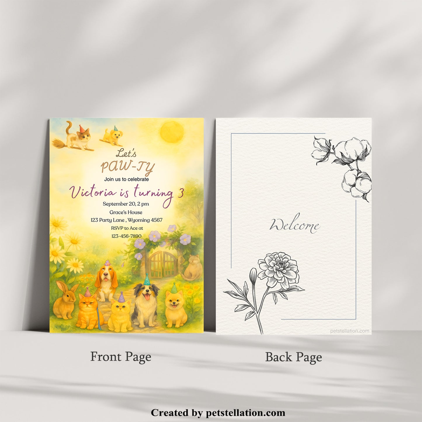 36A9-1 Lush Garden Birthday Card with Cat & Dog on Broomstick – Whimsical Canva Template for Pet Lovers
