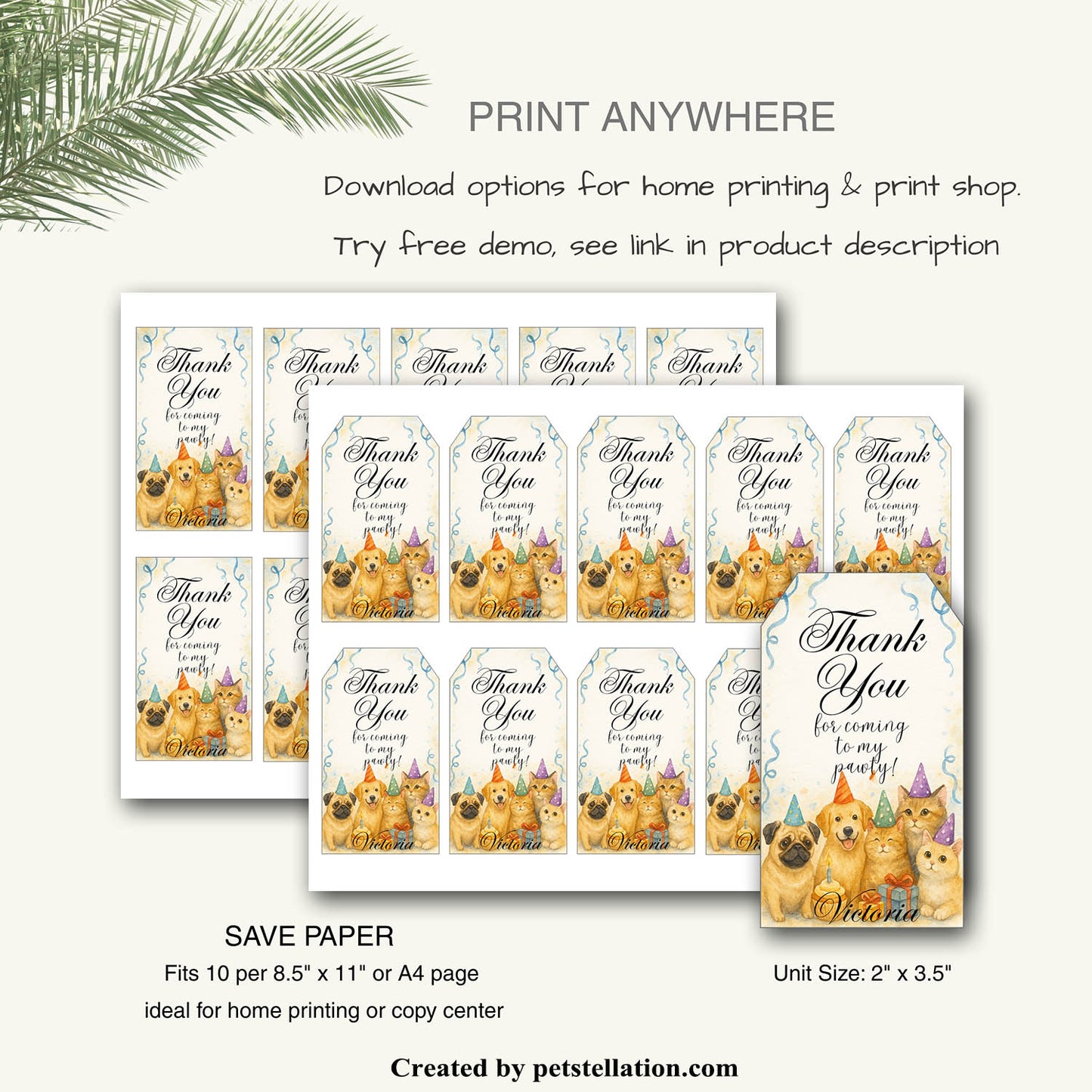 40A9 Editable Pet Thank You Tag Template – Dog & Cat Party Label for Canva – Trapezoid & Rectangle Shape