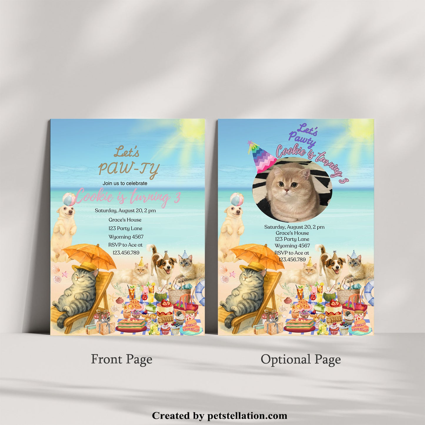 30A2 Whimsical Beach Party Invitation Card – Editable Canva Template with Cats & Dogs, Photo & Text Options