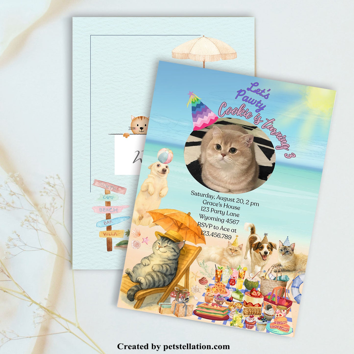 30A2 Whimsical Beach Party Invitation Card – Editable Canva Template with Cats & Dogs, Photo & Text Options