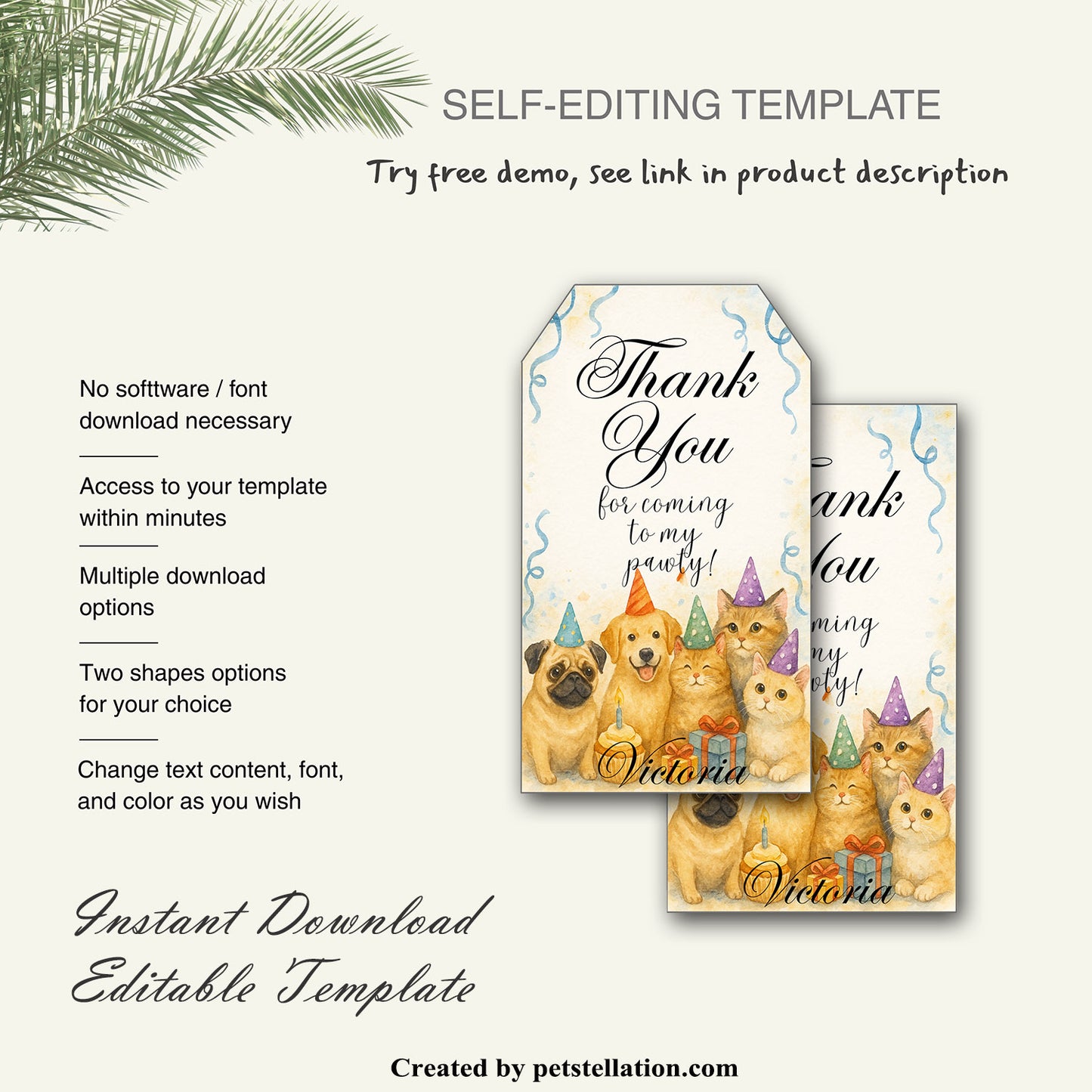 40A9 Editable Pet Thank You Tag Template – Dog & Cat Party Label for Canva – Trapezoid & Rectangle Shape