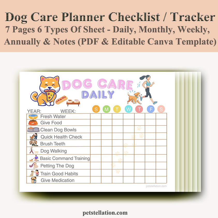 01D Ultimate Dog Care Planner - Daily, Weekly, Monthly & Yearly Schedule | PDF + Editable Canva Template | A4 & US Letter Sizes