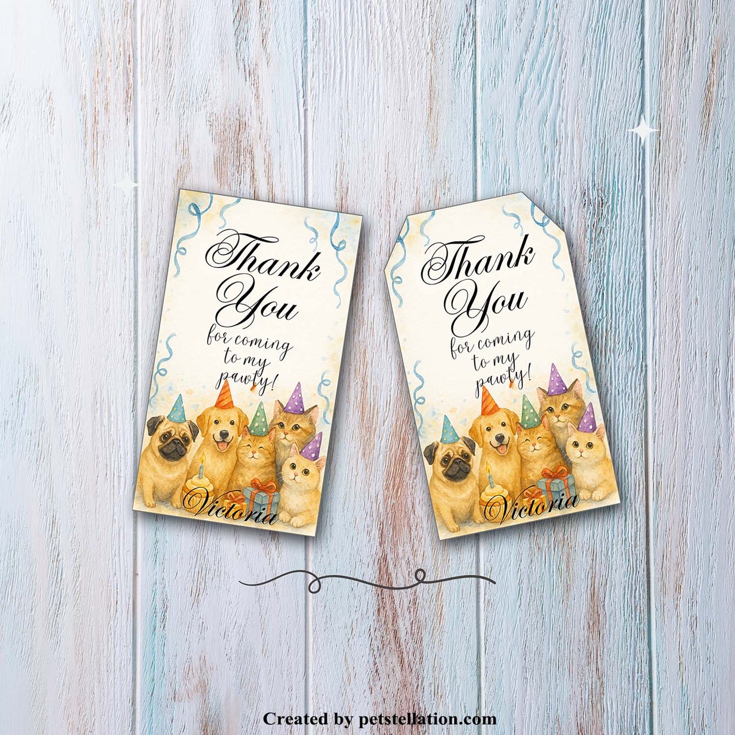 40A9 Editable Pet Thank You Tag Template – Dog & Cat Party Label for Canva – Trapezoid & Rectangle Shape